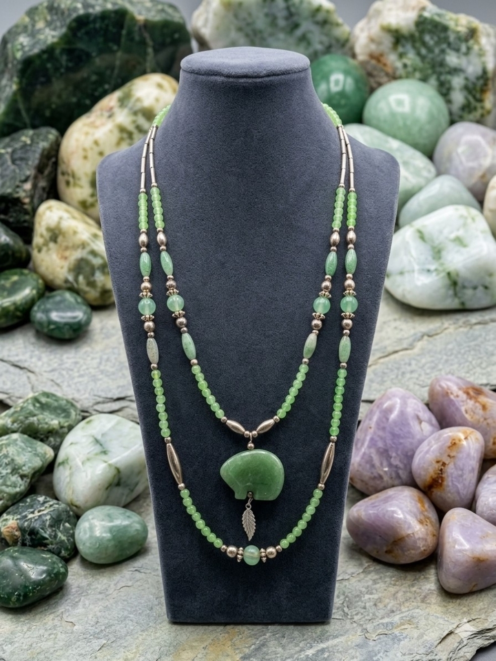 All Genuine Green Jade And Sterling Silver Accents Beads On A Double Necklace